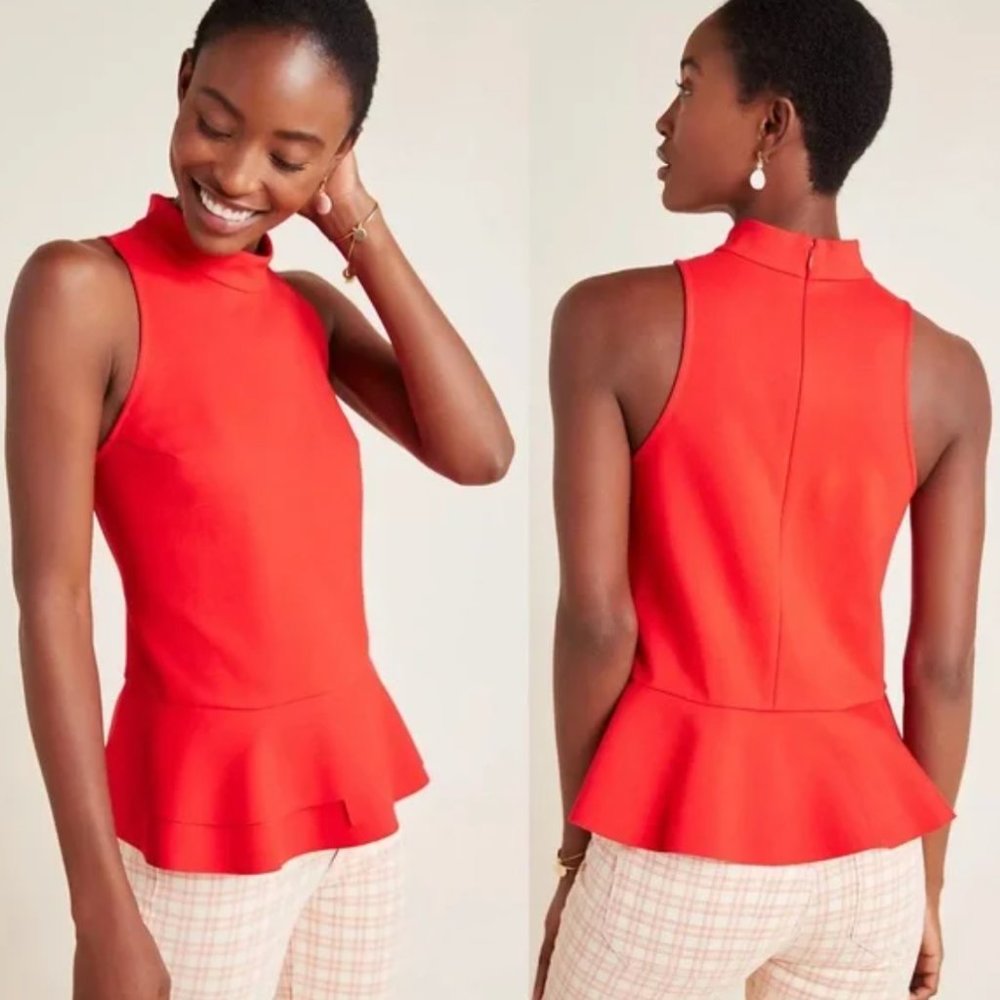 ANTHROPOLOGIE Cressida Mock Neck Peplum Tank Top Red {J38}